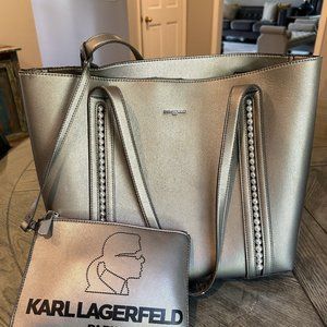 Karl Lagerfeld Paris Tote and Makeup/Phone Pouch Silver/Pearls